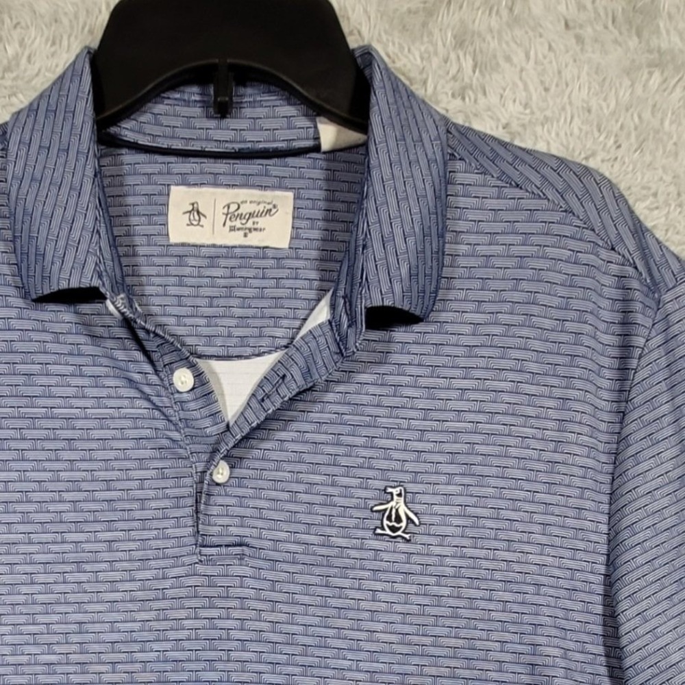 Original Penguin Polo Shirt Mens Medium Blue‎ Geometric Print Short Sleeve